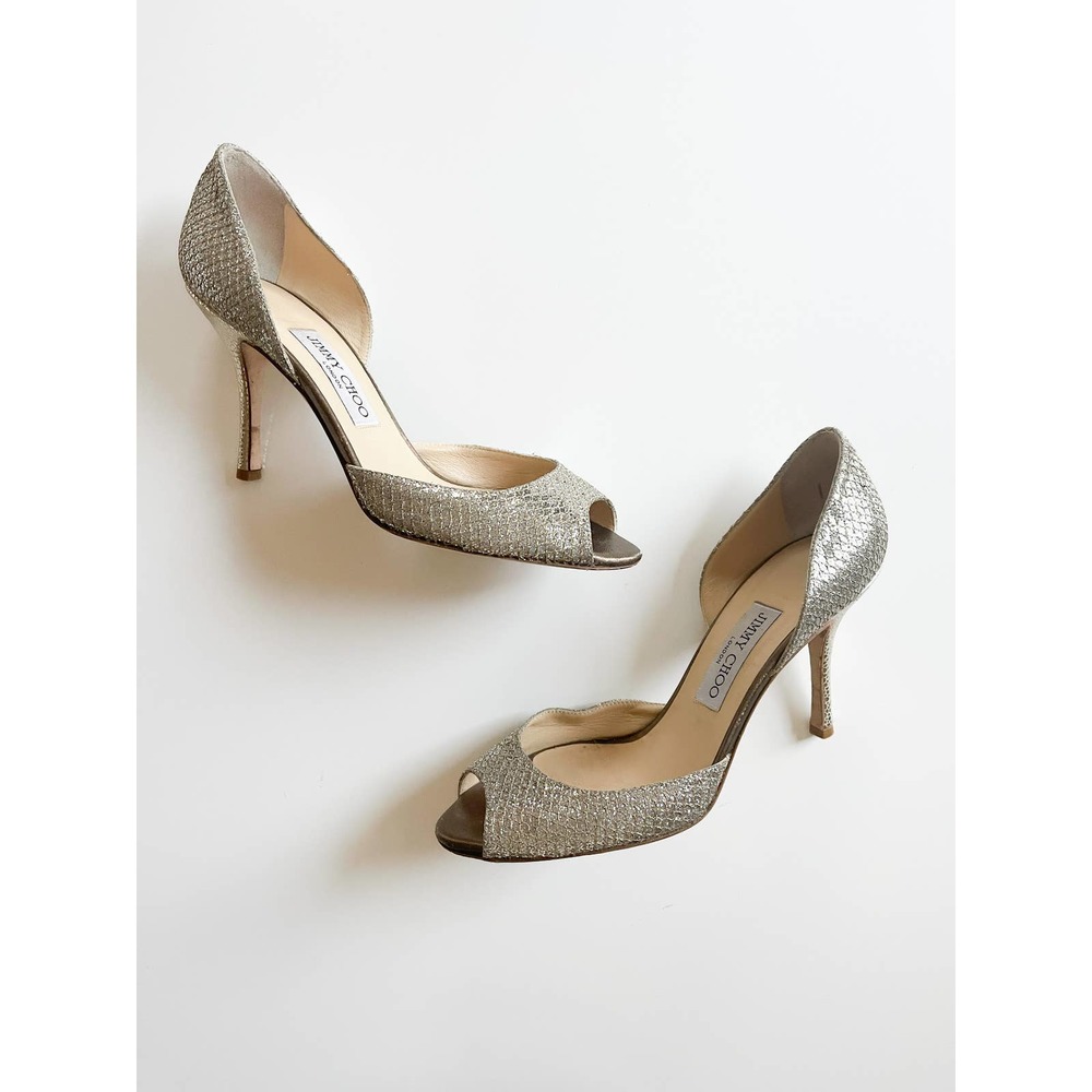 Jimmy Choo Logan Peep Toe D'Orsay Pump in‎ Glitter Fabric Champagne Size 39
